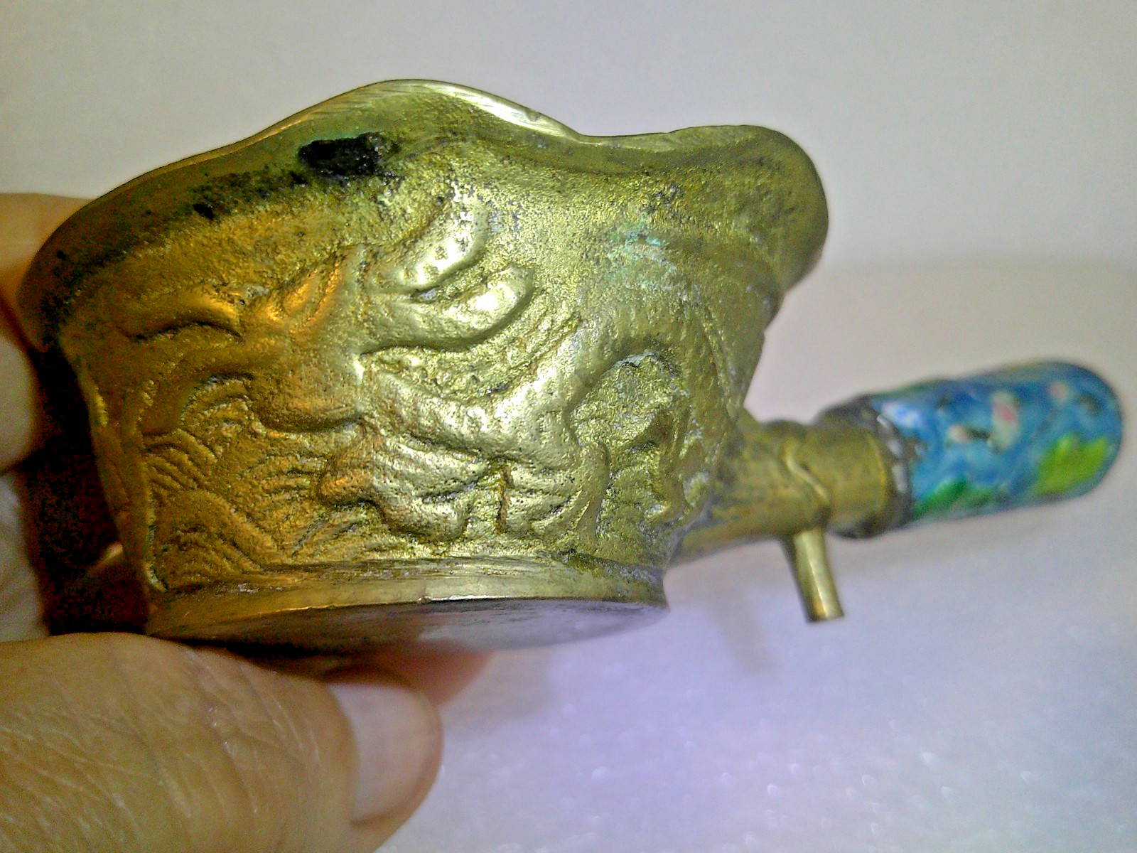 VINTAGE BRASS CHINESE CHARCOAL IRON ENAMEL HANDLE