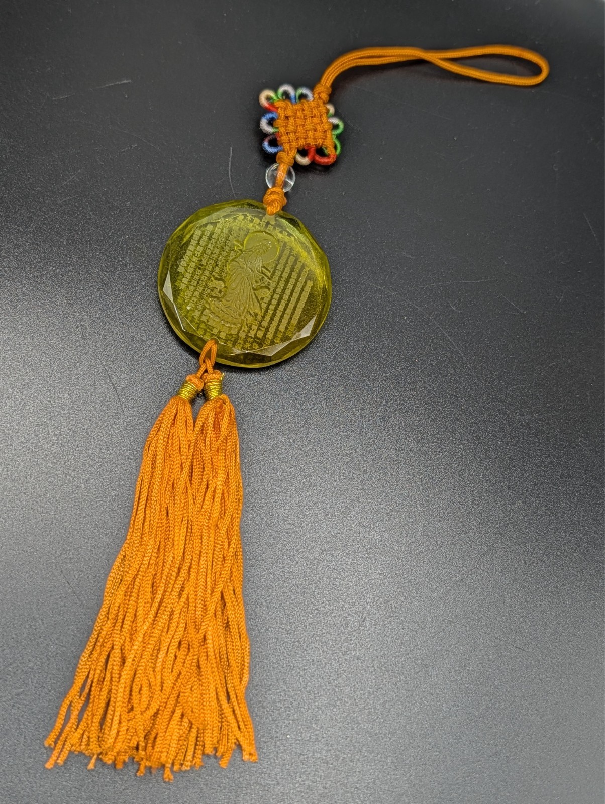 Reversed Carved Chinese Goddess Yellow Glass Tassel Hanging