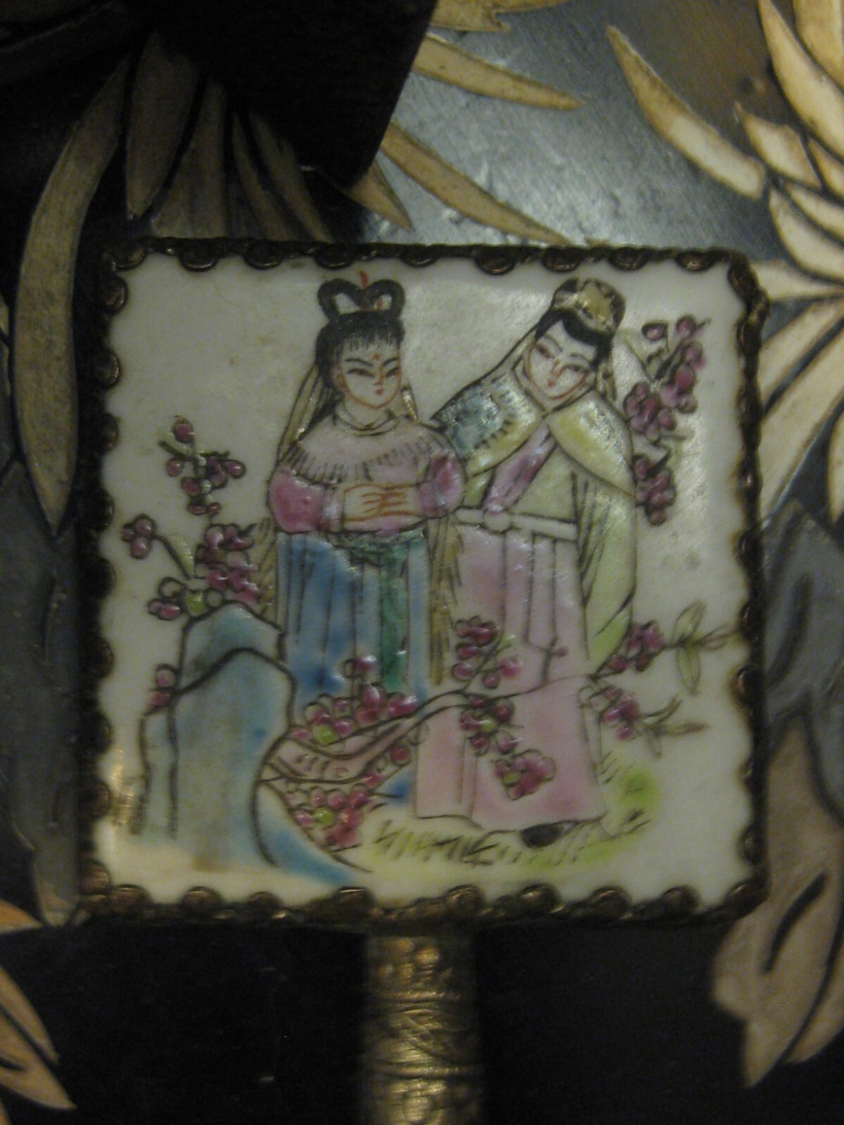 Vintage Small Asian Oriental Motif with Faux Green Jade Handle Mirror