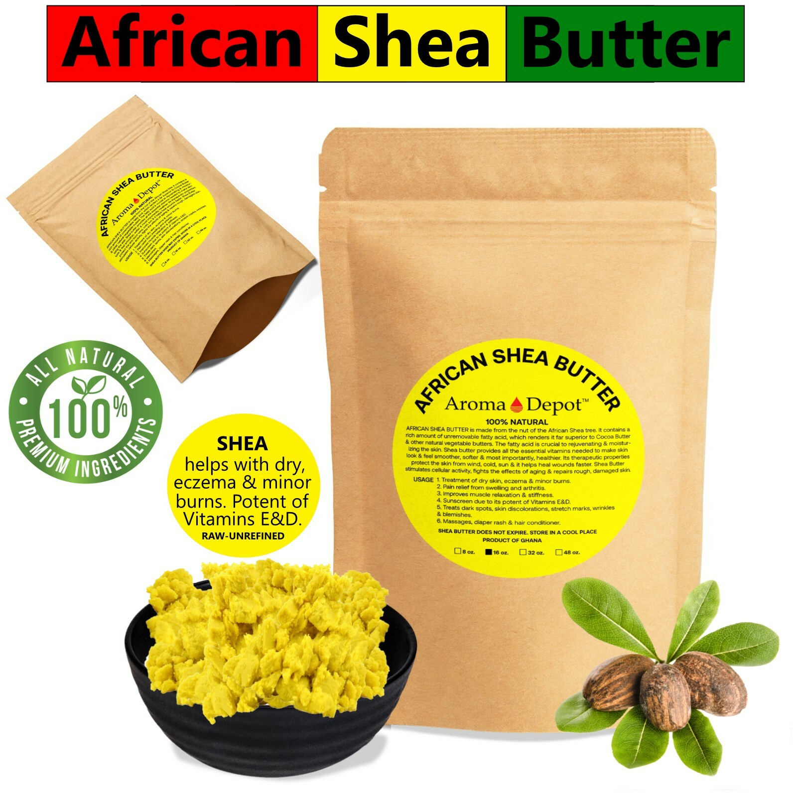 Raw African Shea Butter 1lb 100% Pure Natural Raw Organic Unrefined YELLOW POUCH