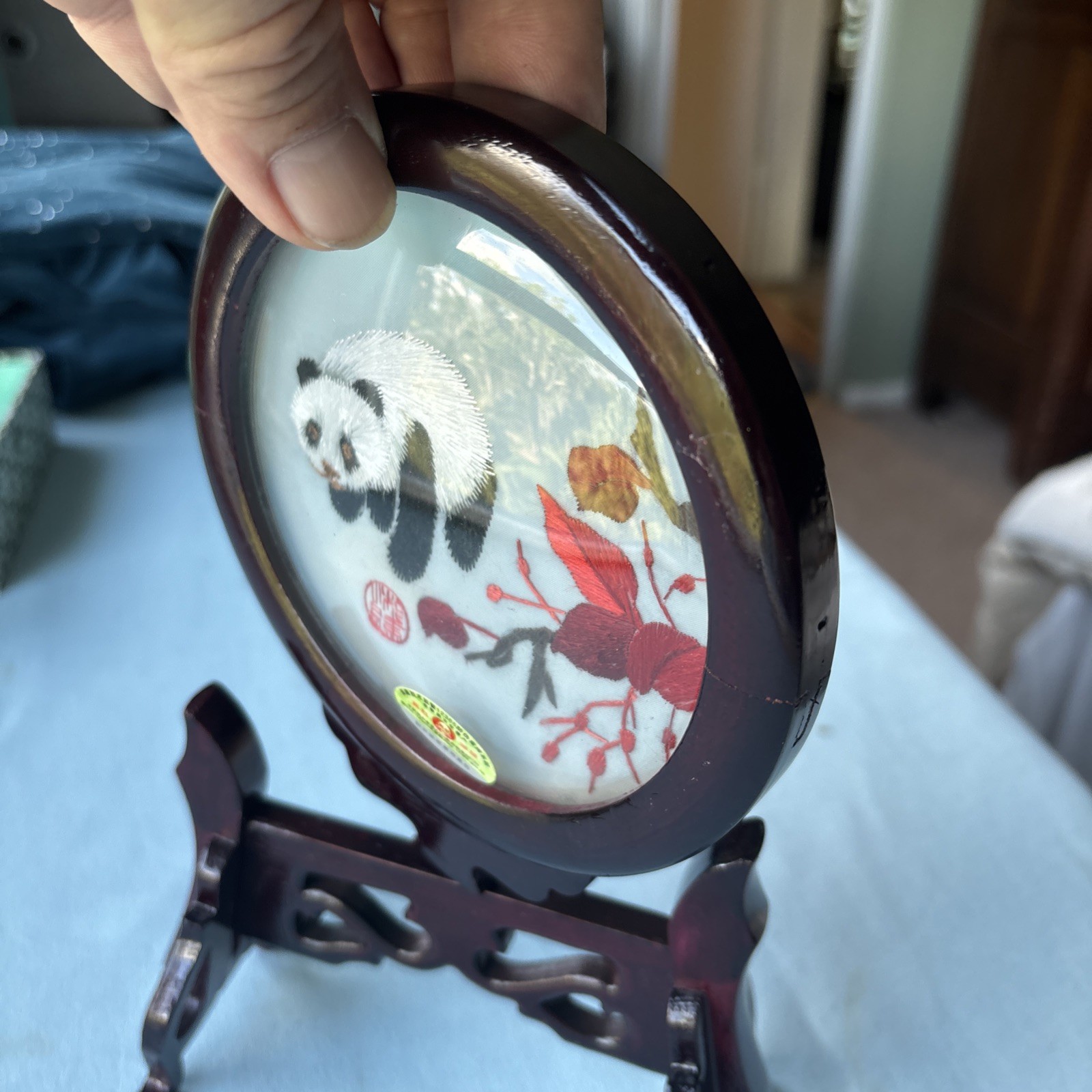Handmade Chinese Double-Sided Silk Embroidery Panda Art Wood Stand w/Gift Box