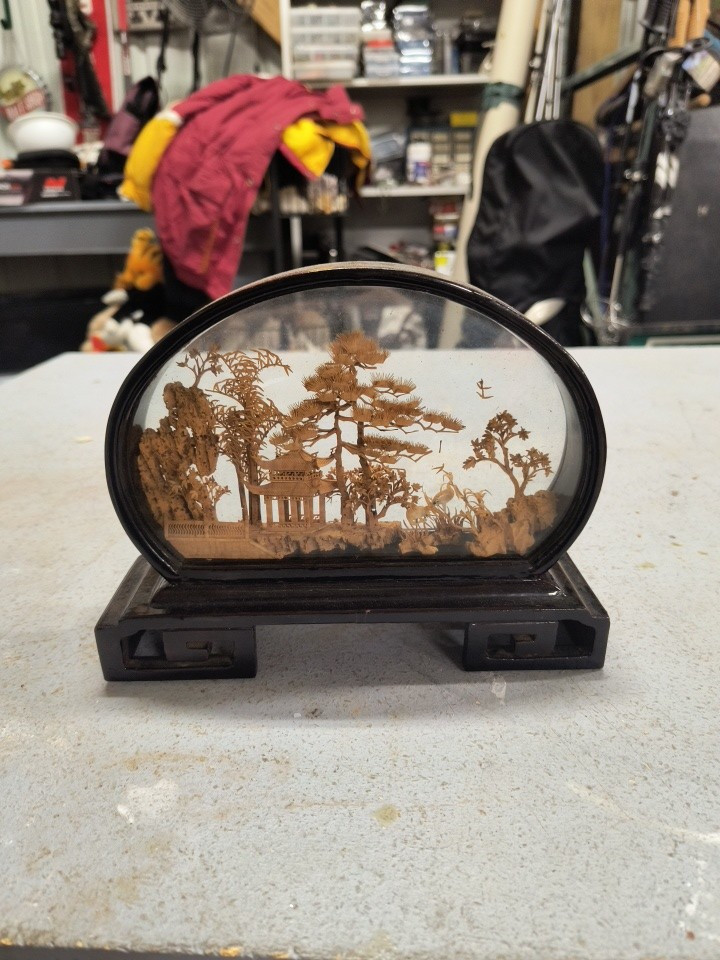 VINTAGE CHINESE SAN YOU DIORAMA CORK CARVING GLASS CASE PAGODA TREES & CRANES.