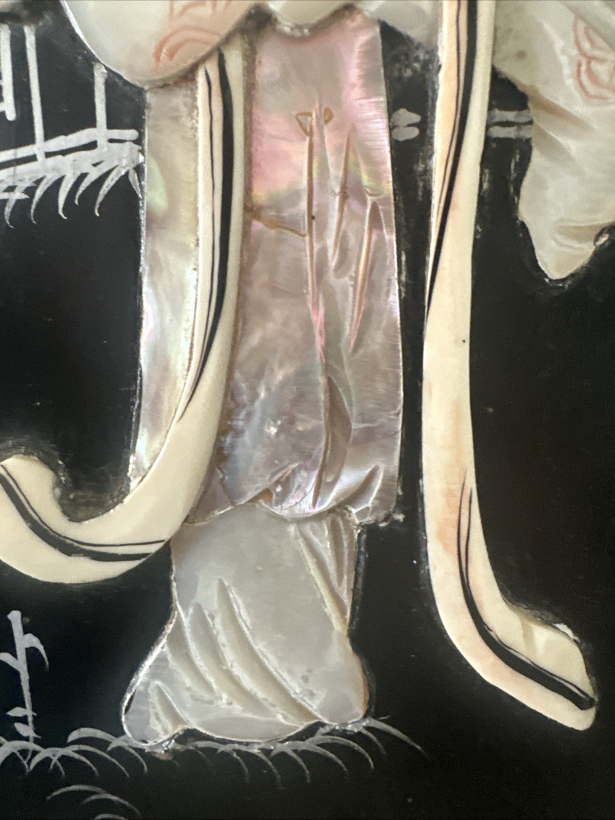2 Vintage Asian Black Lacquer Panels With Mother Of Pearl 2 Ft by 10 In