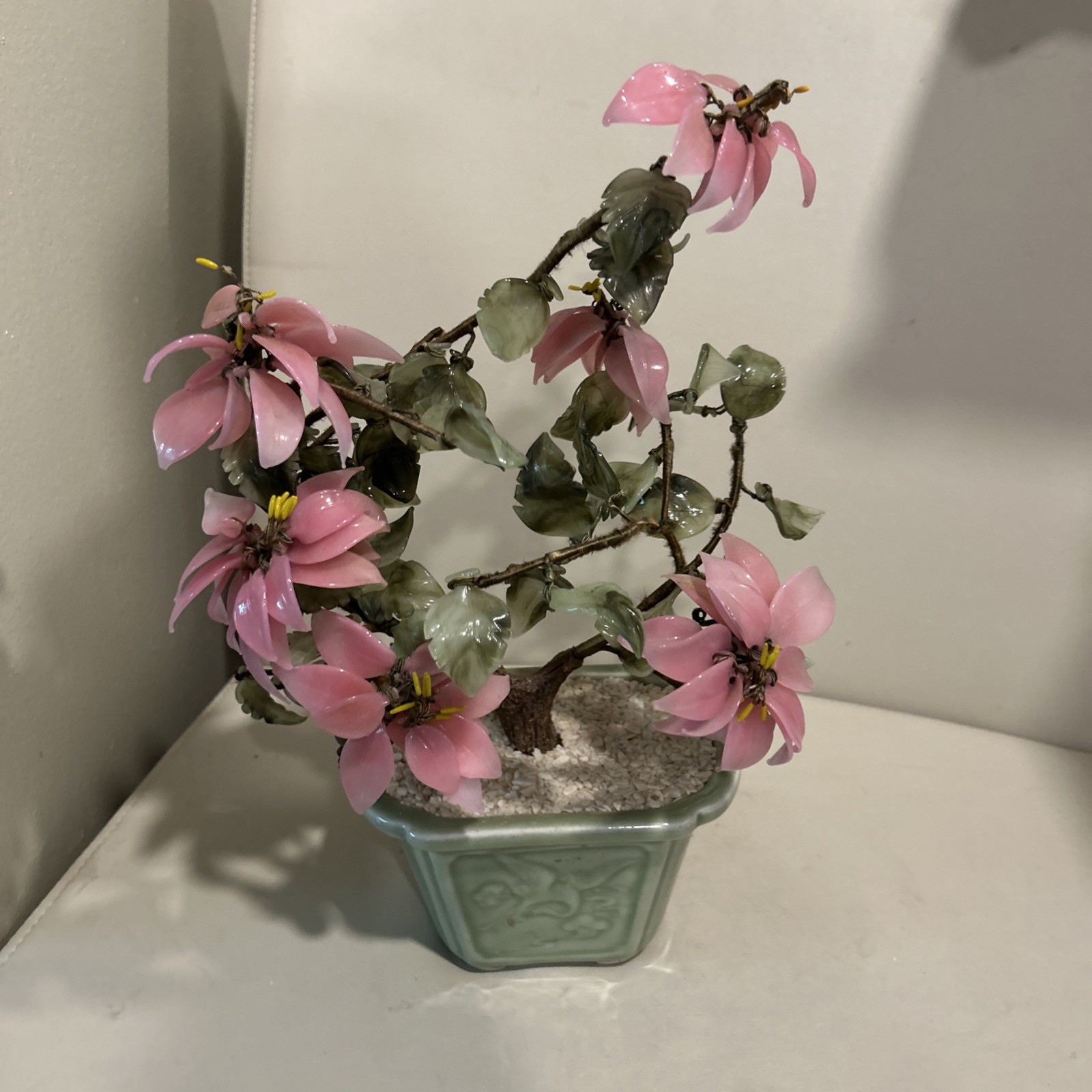 Vintage Large Asian Jade Glass Flowering Pink Cherry Blossom Bonsai Tree Decor