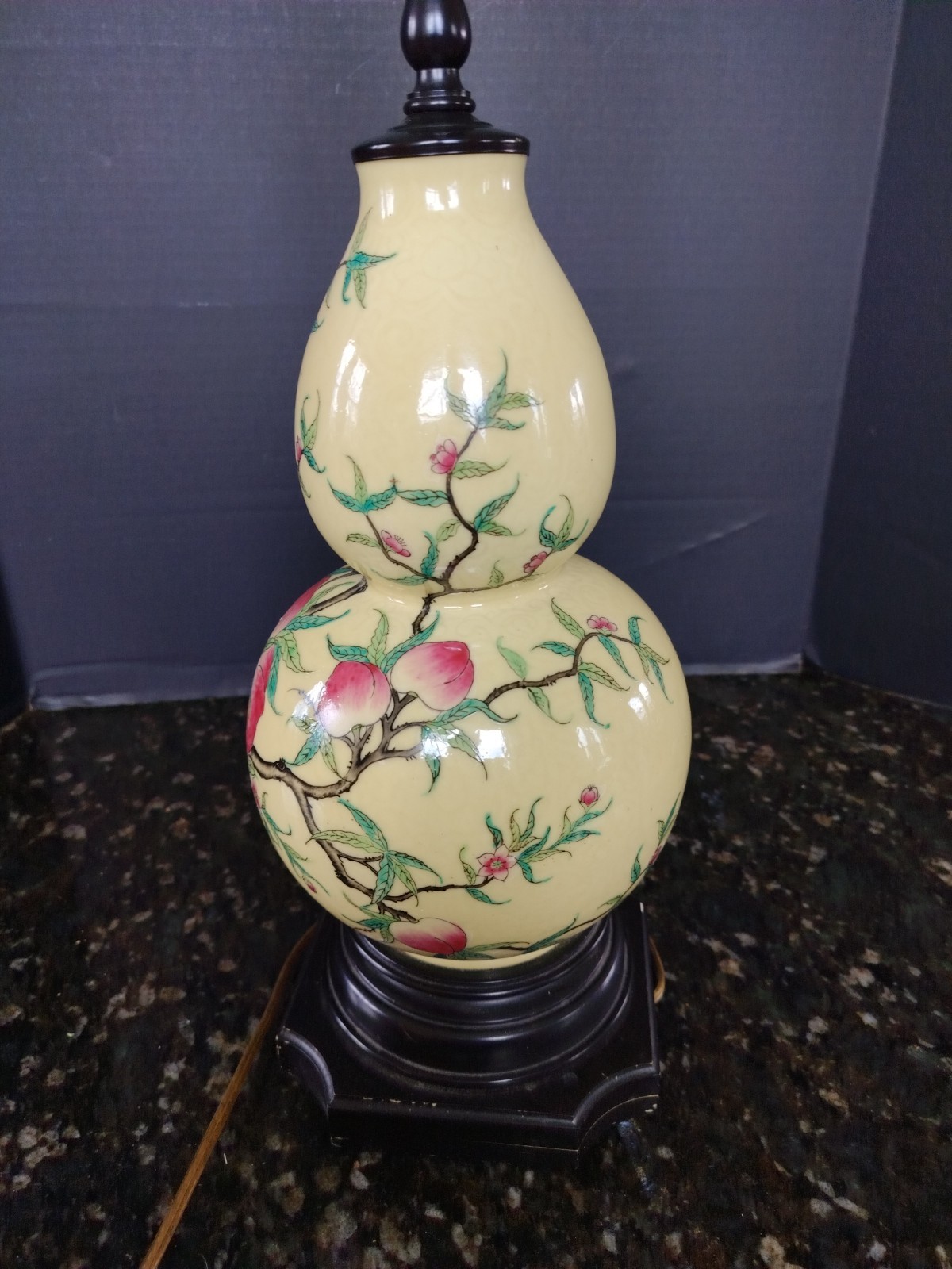 Vintage Chinese Yellow Gourd Vase Lamp – Butterflies & Flowers – Working 27″