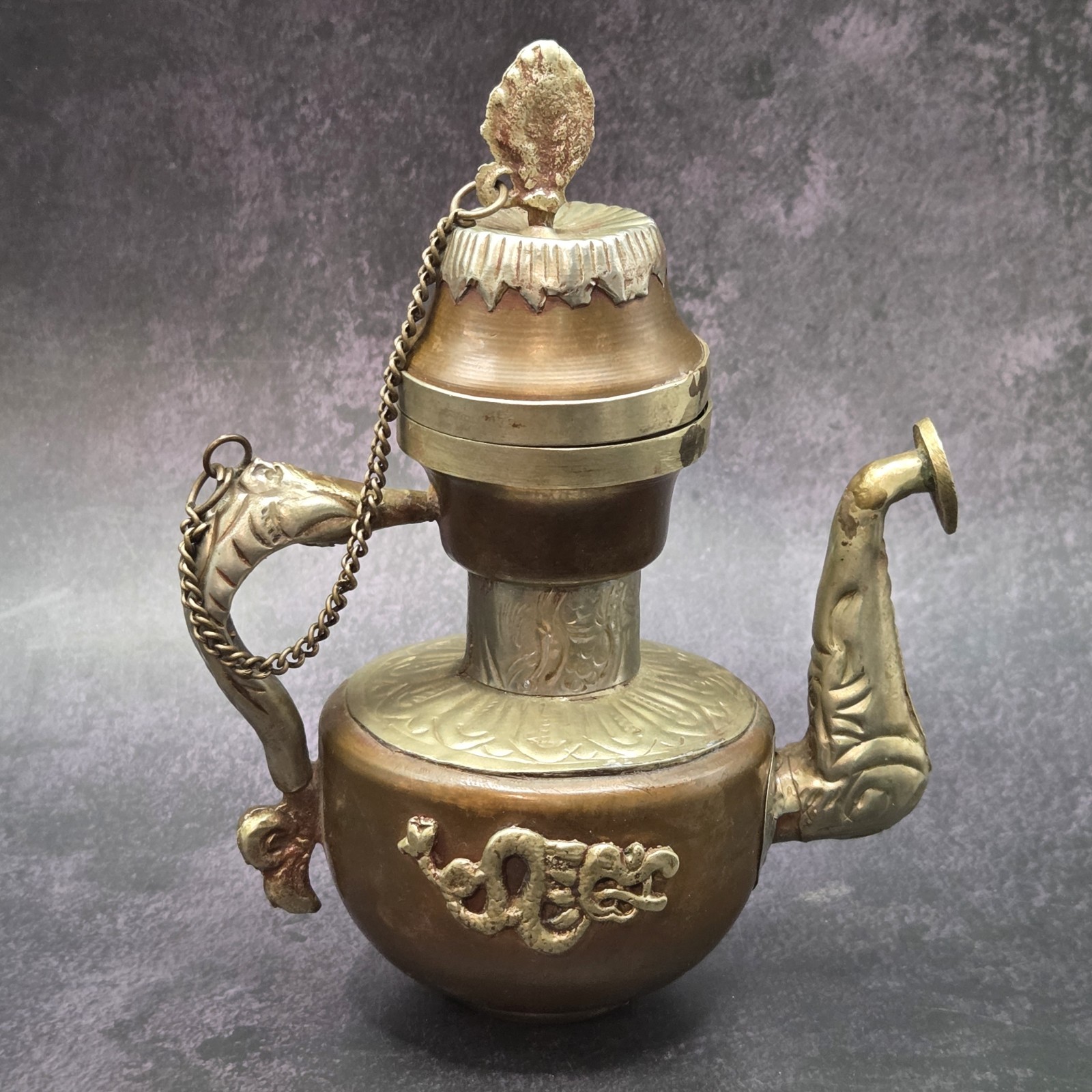 ANTIQUE / VINTAGE COPPER AND BRASS TIBETAN TEAPOT WITH DRAGON