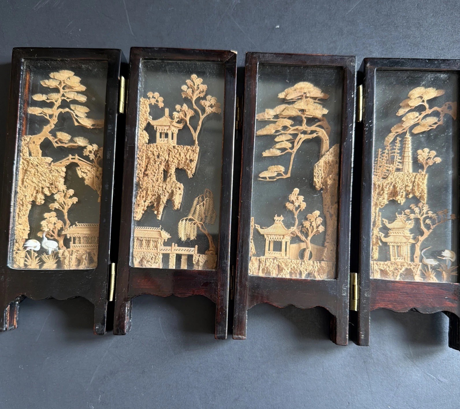 Vtg Chinese Cork Art Screen Folding 4 Panel Glass Pagoda Cranes Black Lacquer