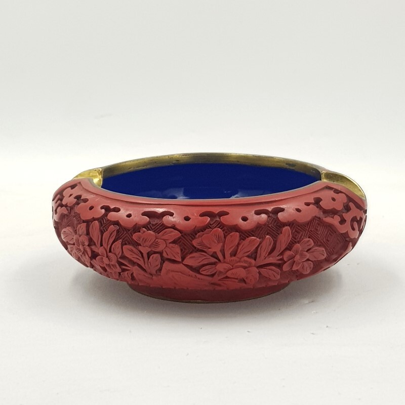 Vintage Chinese Cinnabar Lacquer Craved & Blue Enamel Brass Ashtray