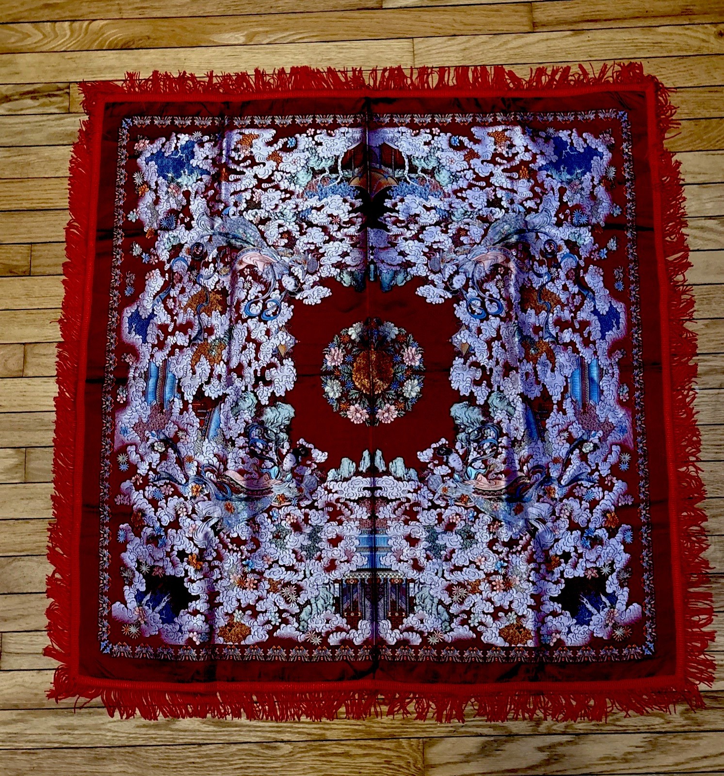 Vintage Chinese Silk Brocade Tablecloth fringe Tapestry Embroidery 38” x 37”