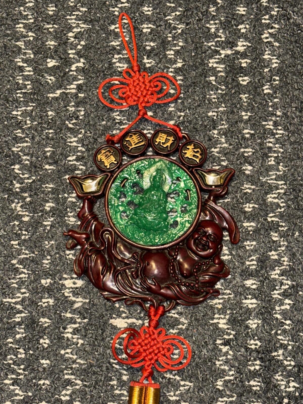 Vtg Chinese Culture Red Knot Happy Buddha Resin Green Faux Jade Wall Hanging