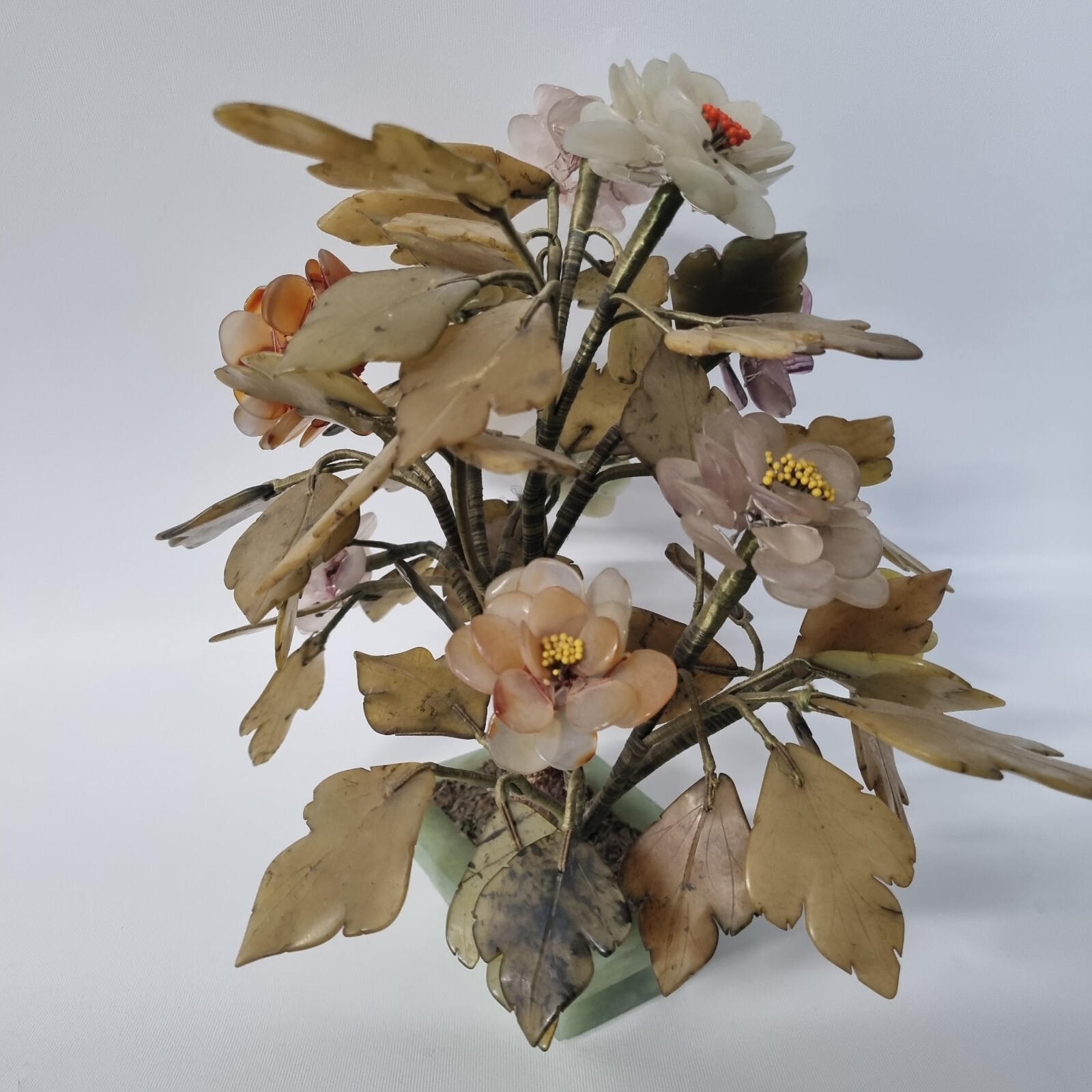 VINTAGE MCM CARVED JADE AGATE BONSAI FLOWER ASIAN ART TREE 11″ TALL