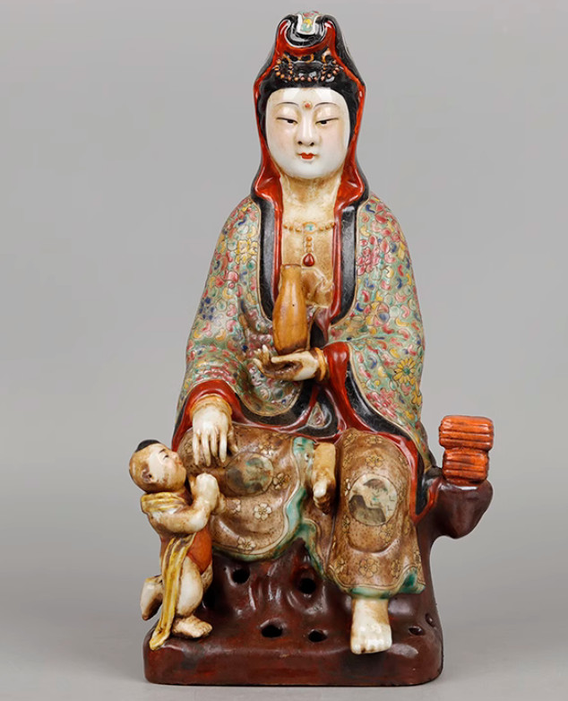11.6″ Old Chinese Famille-rose Porcelain Children-Sending Guanyin Goddess Statue