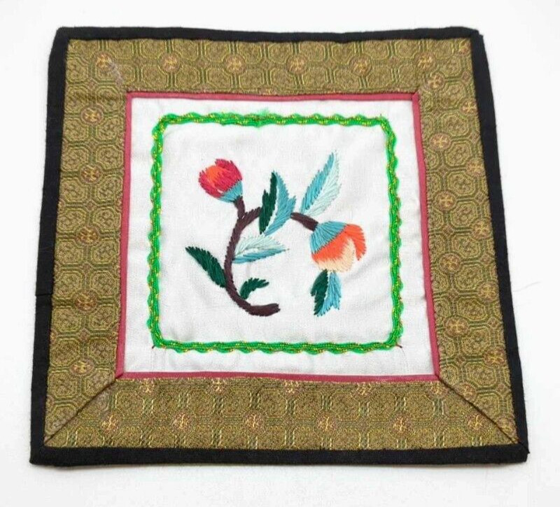 Vintage Chinese Silk Hand Embroidered Flower 5.5″ Unframed Panels Set of 4