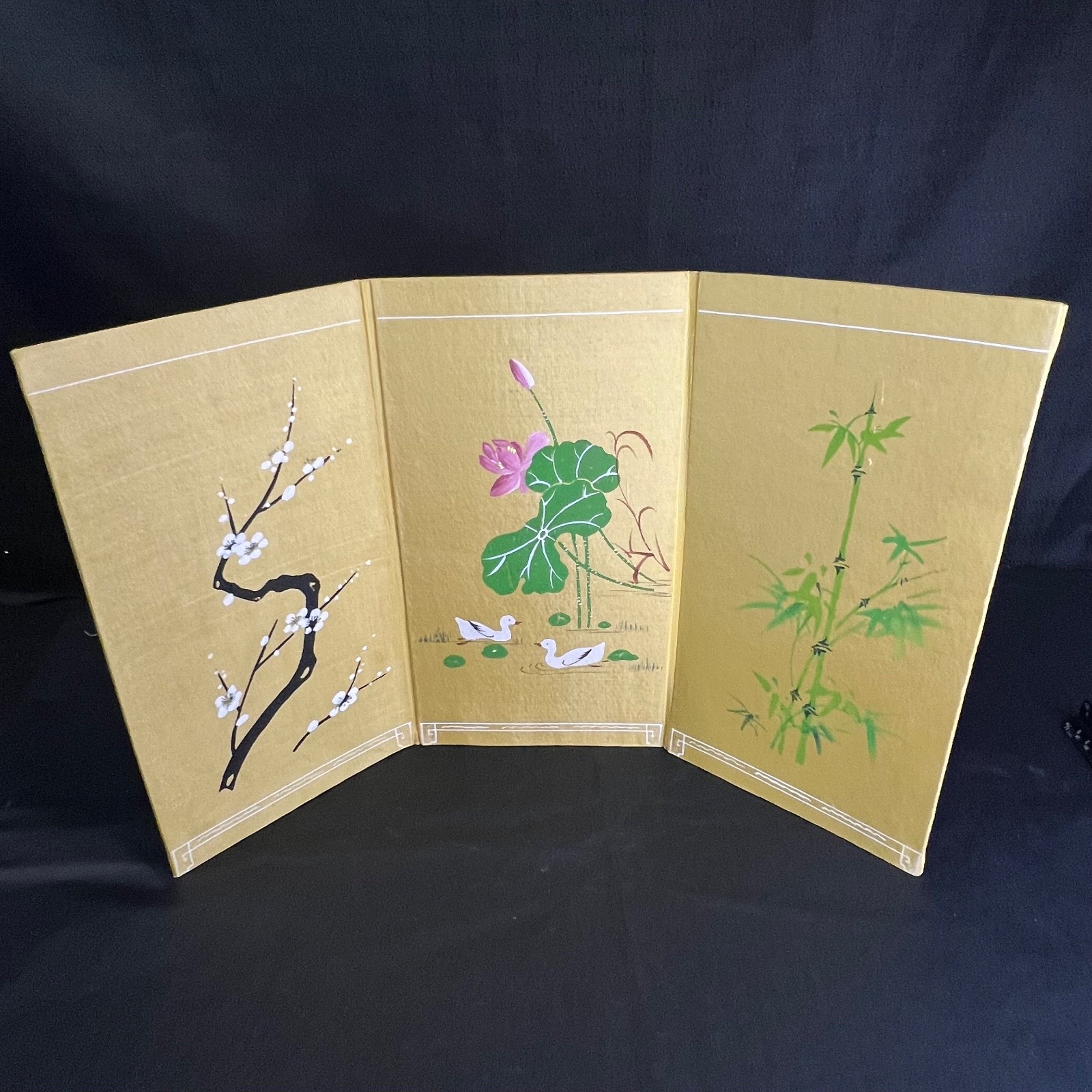 VTG 3 Panel Table Top Folding Screen Painting Blossom Ducks Bamboo China 17.5″L
