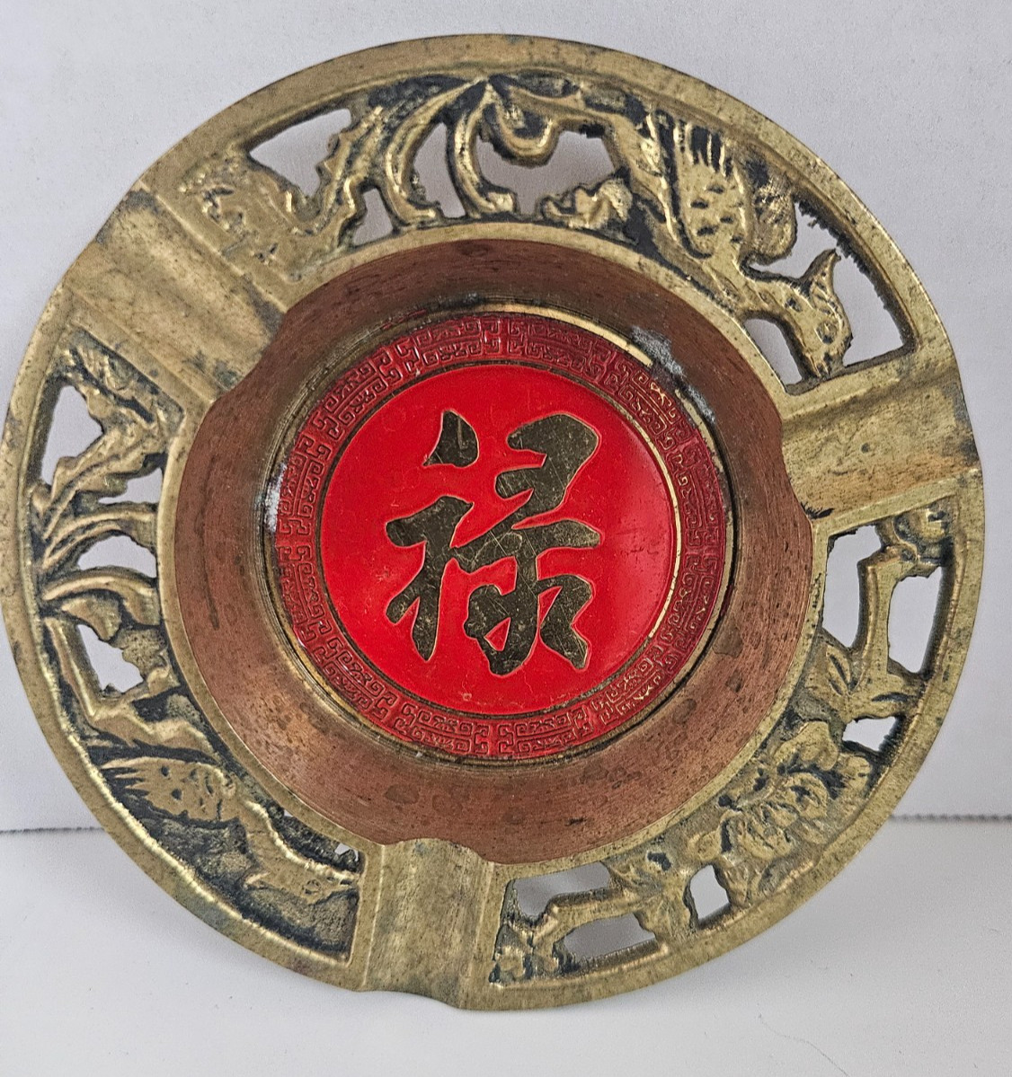 Vintage Chinese Brass Red Enamel Shou Long Life Ashtray Phoenix Birds 3.25″