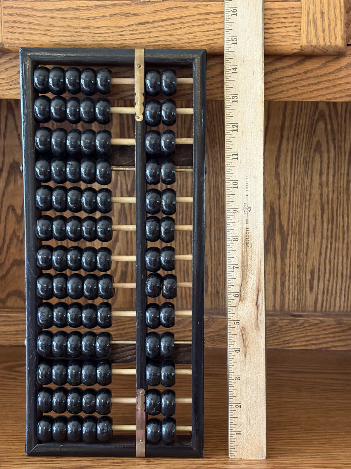 Vintage Zhejiang Chinese Black Wooden Abacus 13 Rods 91 Beads Brass Accents GVC