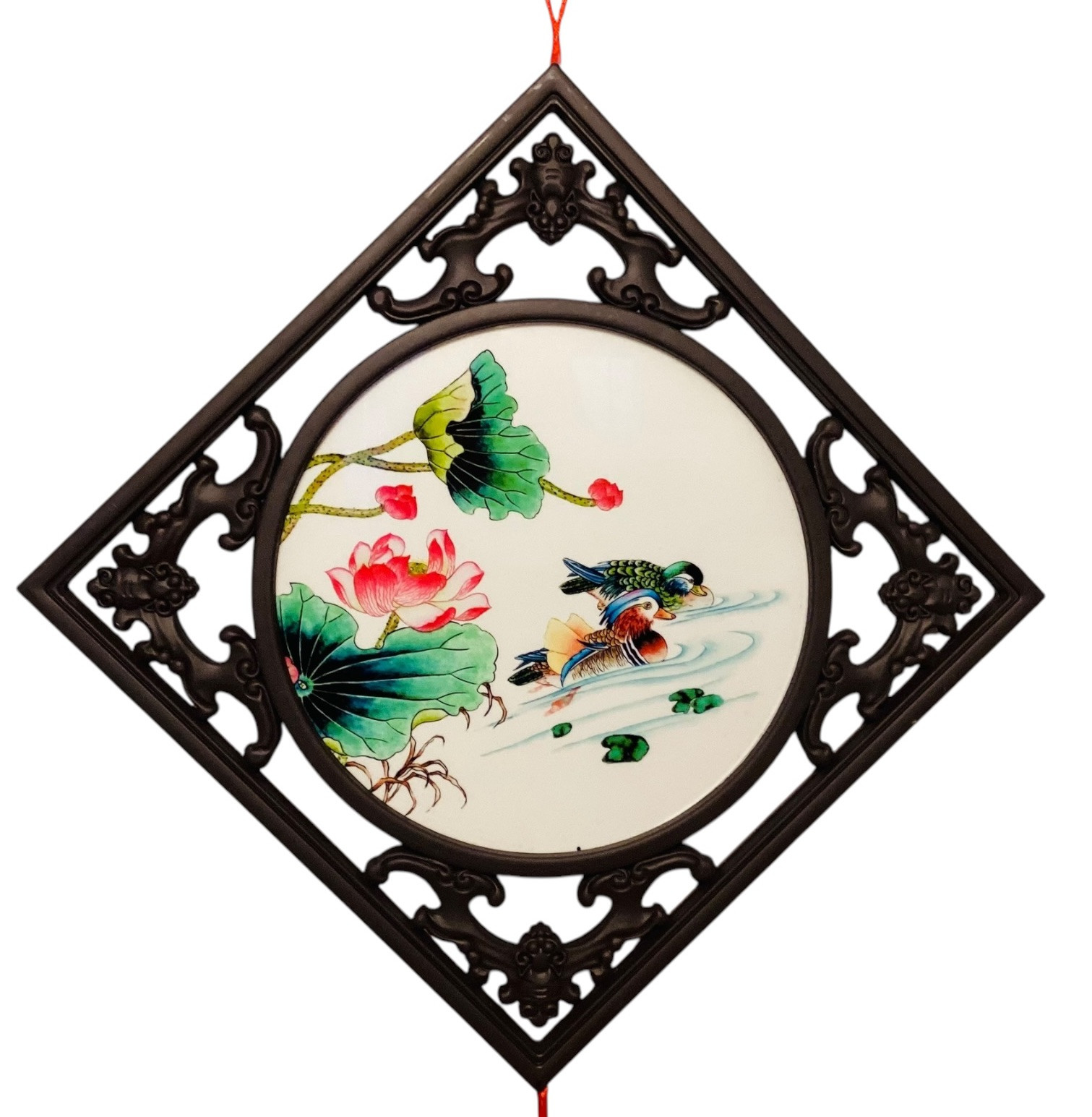 Asian Two Side Porcelain Plate Carved Brown Frame Red Tassel Wall Decor 32in