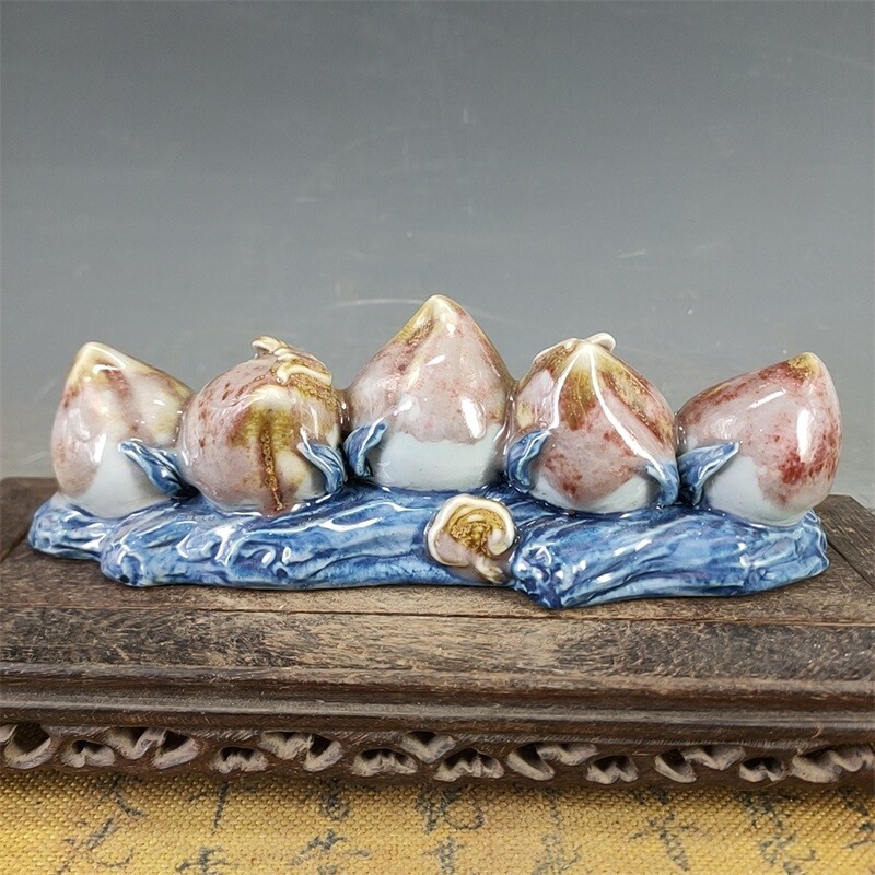 8.9″ Chinese Blue-and-white Porcelain Red Glaze Longevity Peach Pen Rack