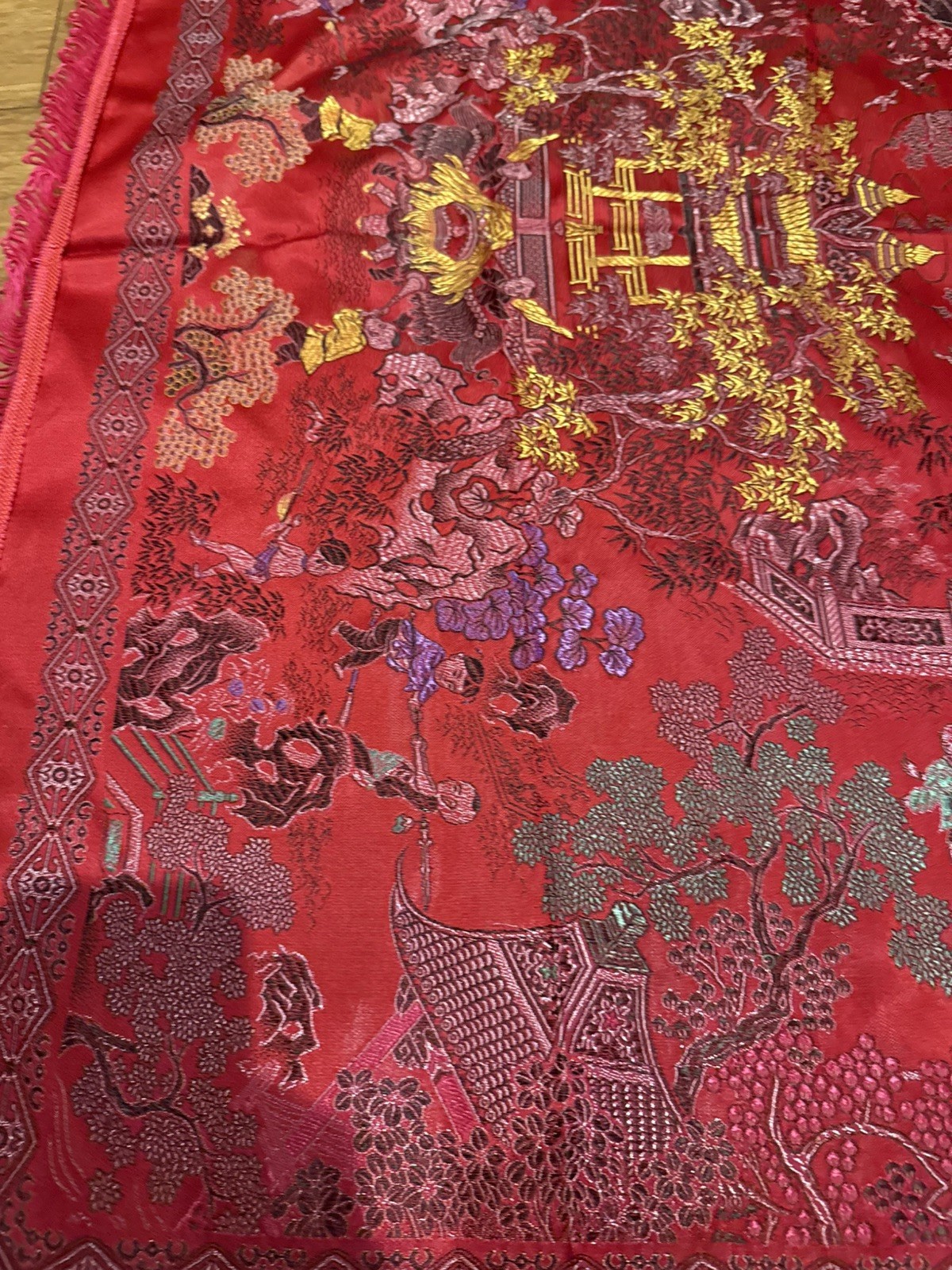 Vintage Brocaded Flowers Chinese Silk Tapestry Table Cloth 38” X 38”