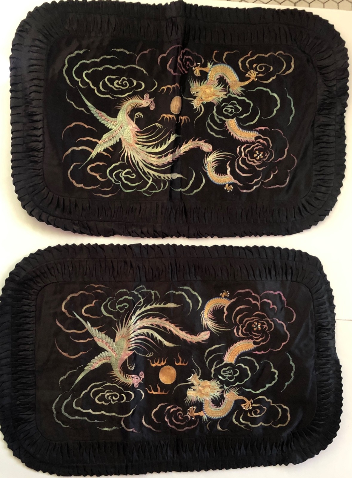 VINTAGE CHINESE SILK EMBROIDERED PILLOW SHAMS SET OF 2