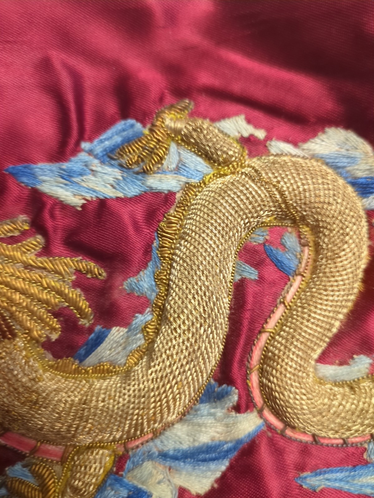 Antique Tray, Silk & Gold Thread Dragon, Framed Silk Panel
