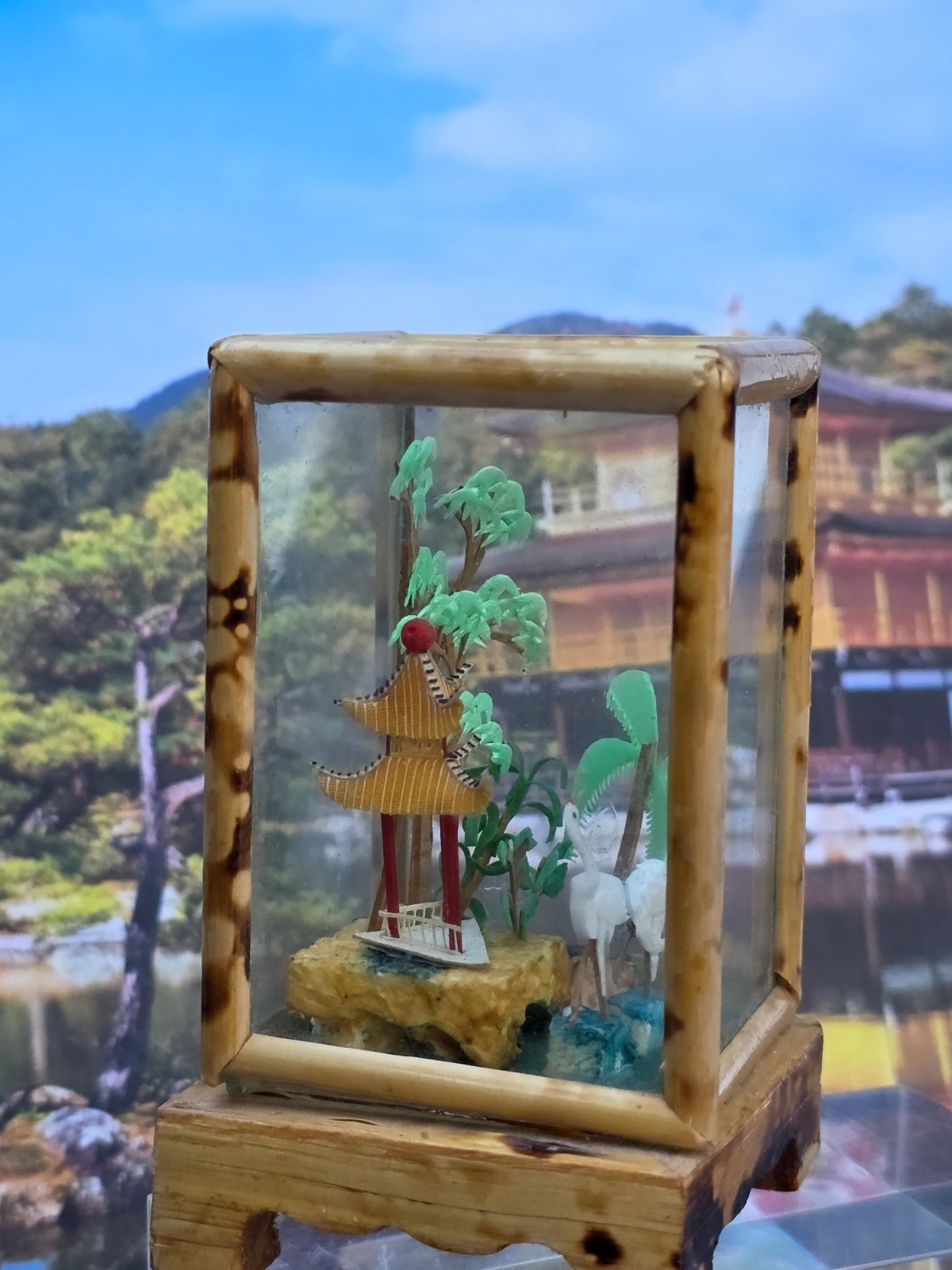 Vintage Carved Cork Chinese Miniature Diorama Shadow Box Cranes 3.75″T & 2.25″L