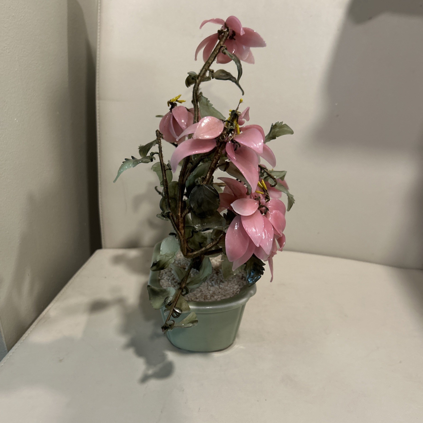 Vintage Large Asian Jade Glass Flowering Pink Cherry Blossom Bonsai Tree Decor