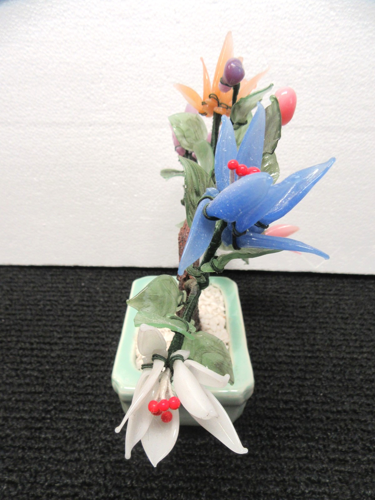 Vintage Chinese Jade Glass Bonsai Tree 9″ W x 7″ T Multi Color Flowers #DBM