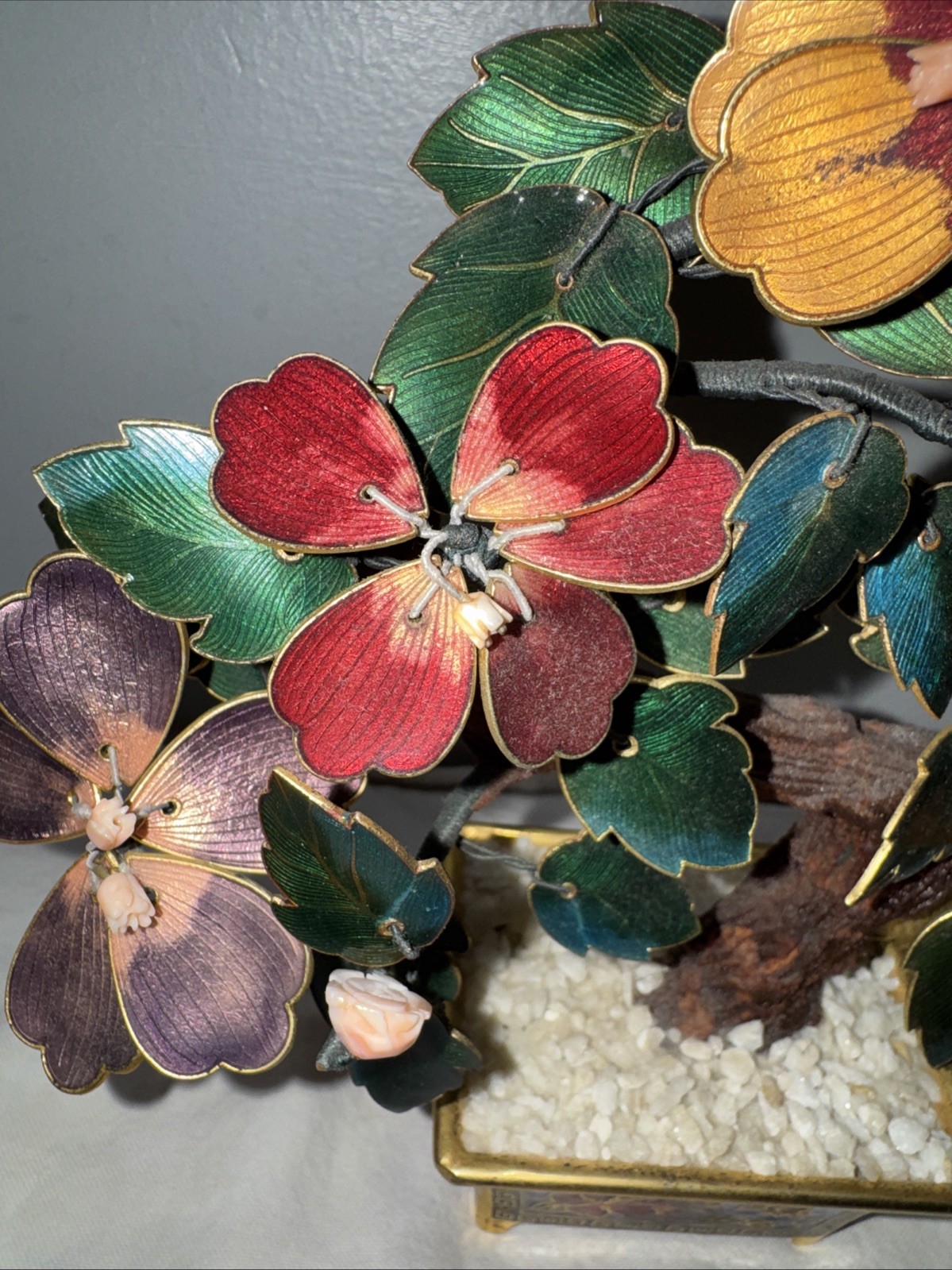 Cloisonne Enamel and Metal Bonsai Tree w/ Pot Colorful Flowers 7.5” Vintage