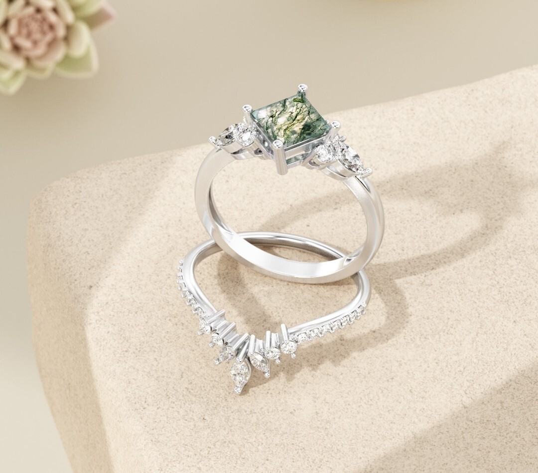 Moss Agate Engagement Ring Set Sterling Silver Bridal Wedding CZ