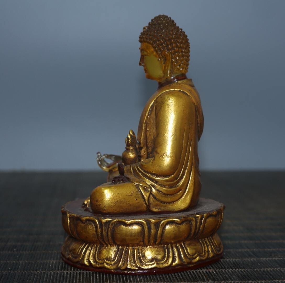 4.7″ Chinese Coloured Glaze Paintings Gild Buddhism Medicine Buddha Sit Statue