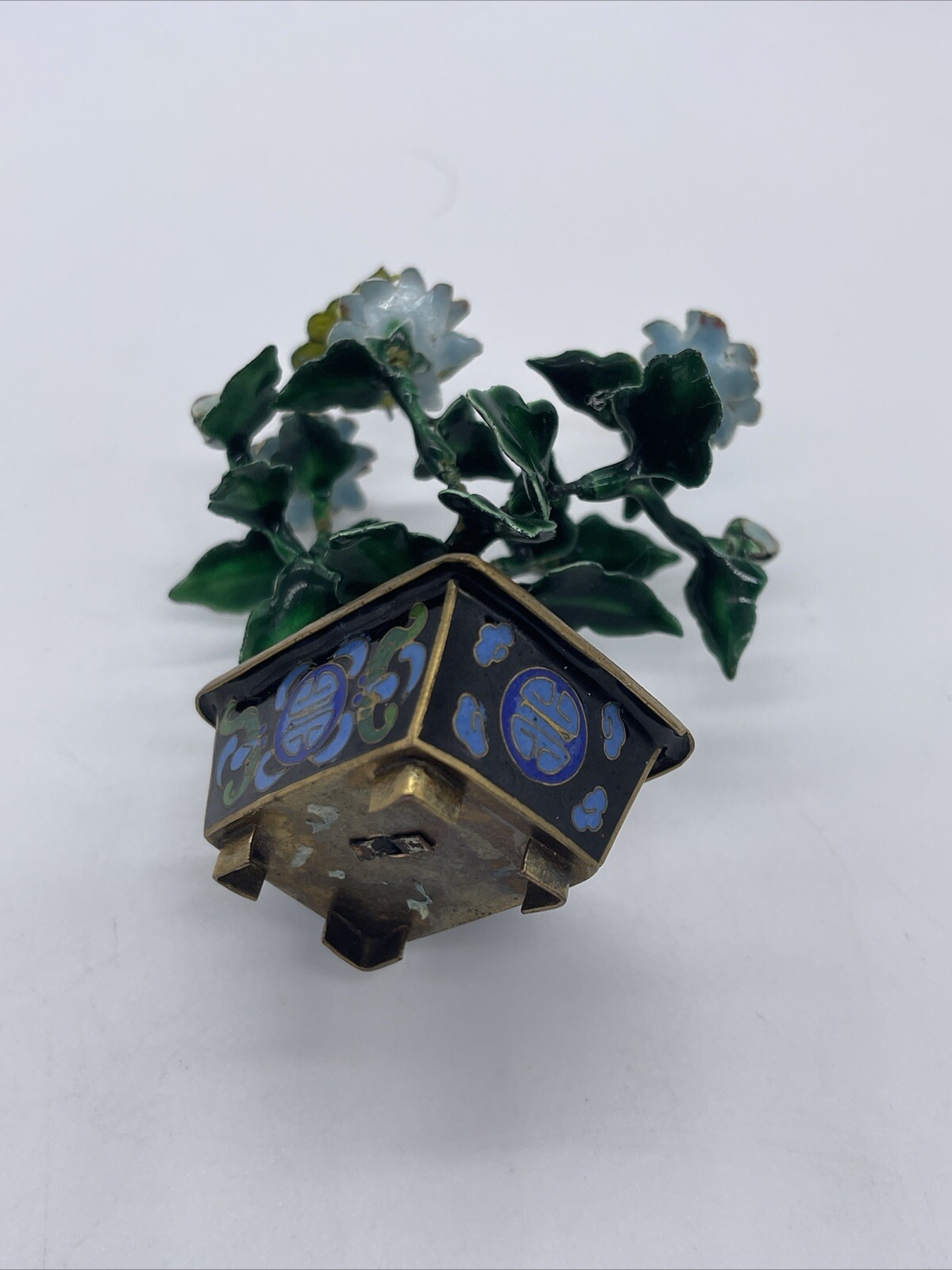 VINTAGE CHINESE METAL GUILLOCHE ENAMEL BONSAI TREE & FLOWERS with CLOISONNE POT