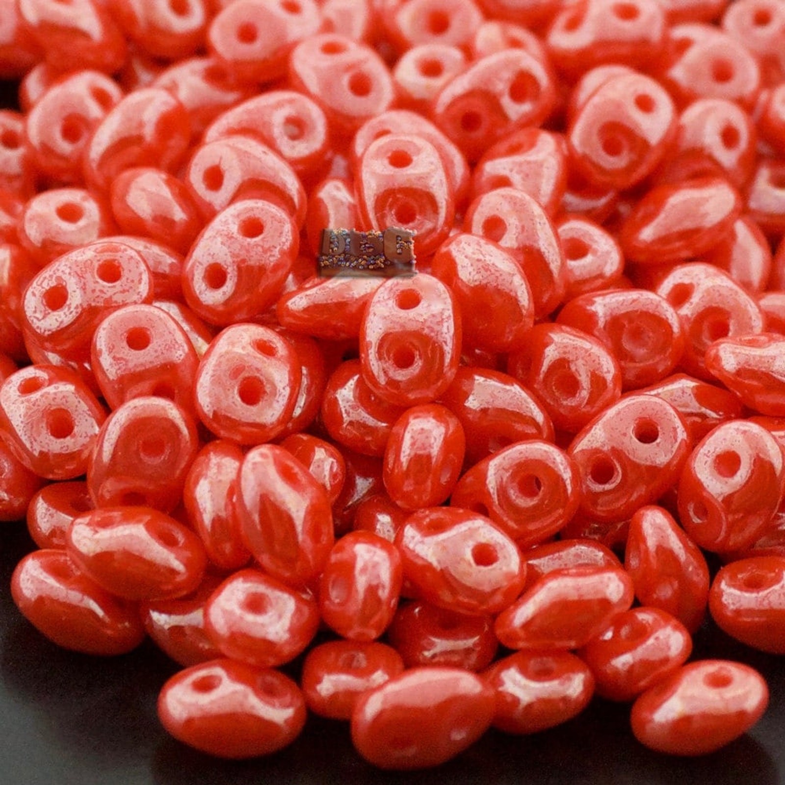 Czech SuperDuo 2 Hole Beads, Opaque Orange WHITE LUSTER 2.5x5mm ~ 10 Grams