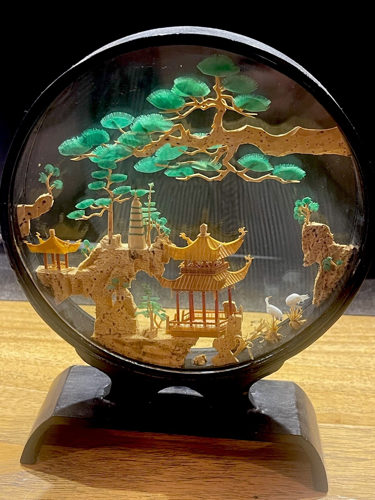 VTG PERFECT Chinese Cork Carving Lattice Pavilion Diorama Black Lacquer Frame