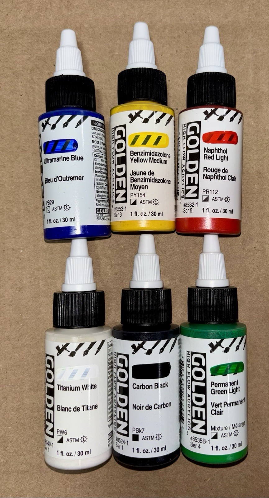 Golden High Flow Artist Acrylics Intro Set of 6 Colors 30ml Art Paint Bottles