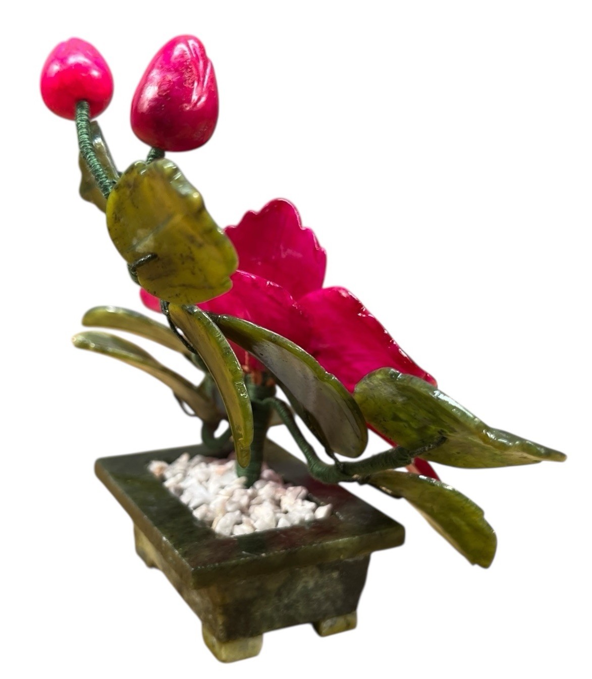 Vintage Japan Carved Stone Jade Bonsai Flowering Tree