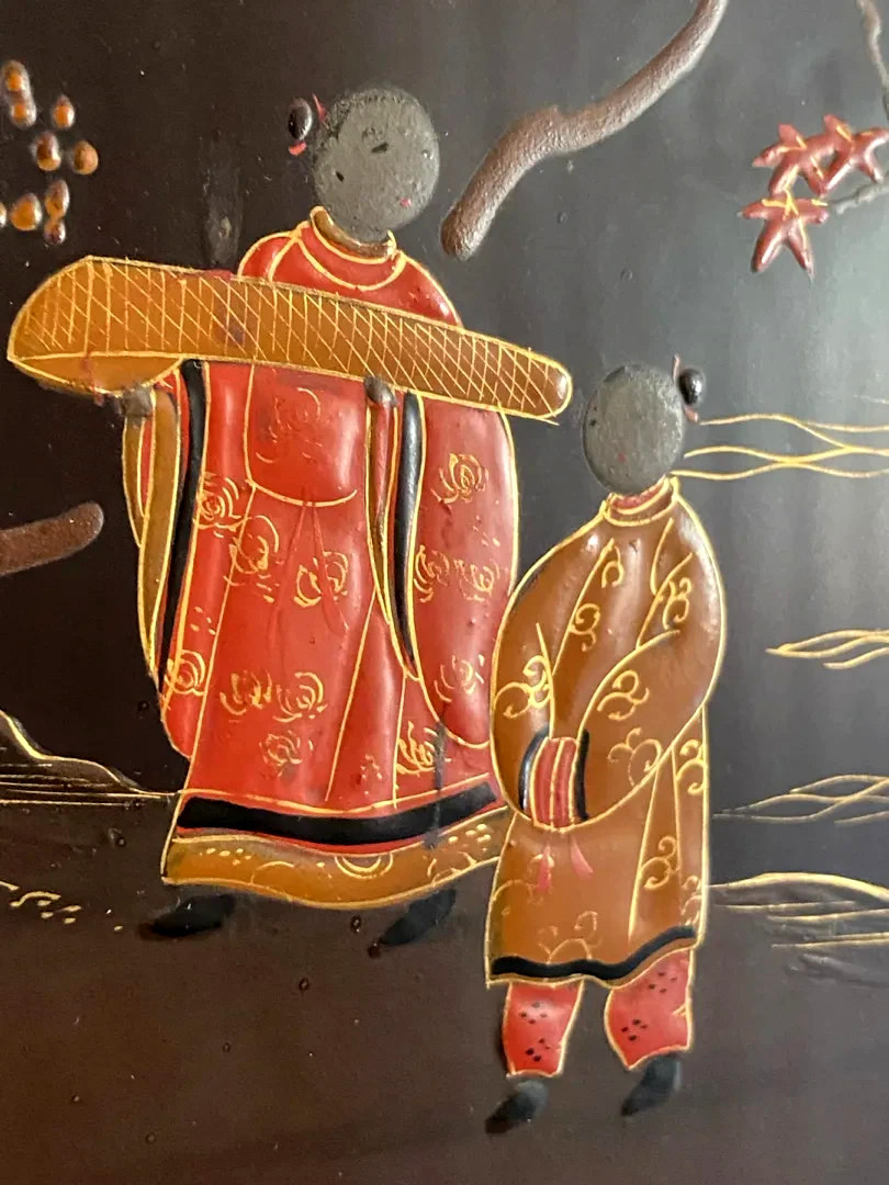 Vintage Black Lacquer &Mother of Pearl Japanese? Asian Art 2 Wall Panels 36″x17″