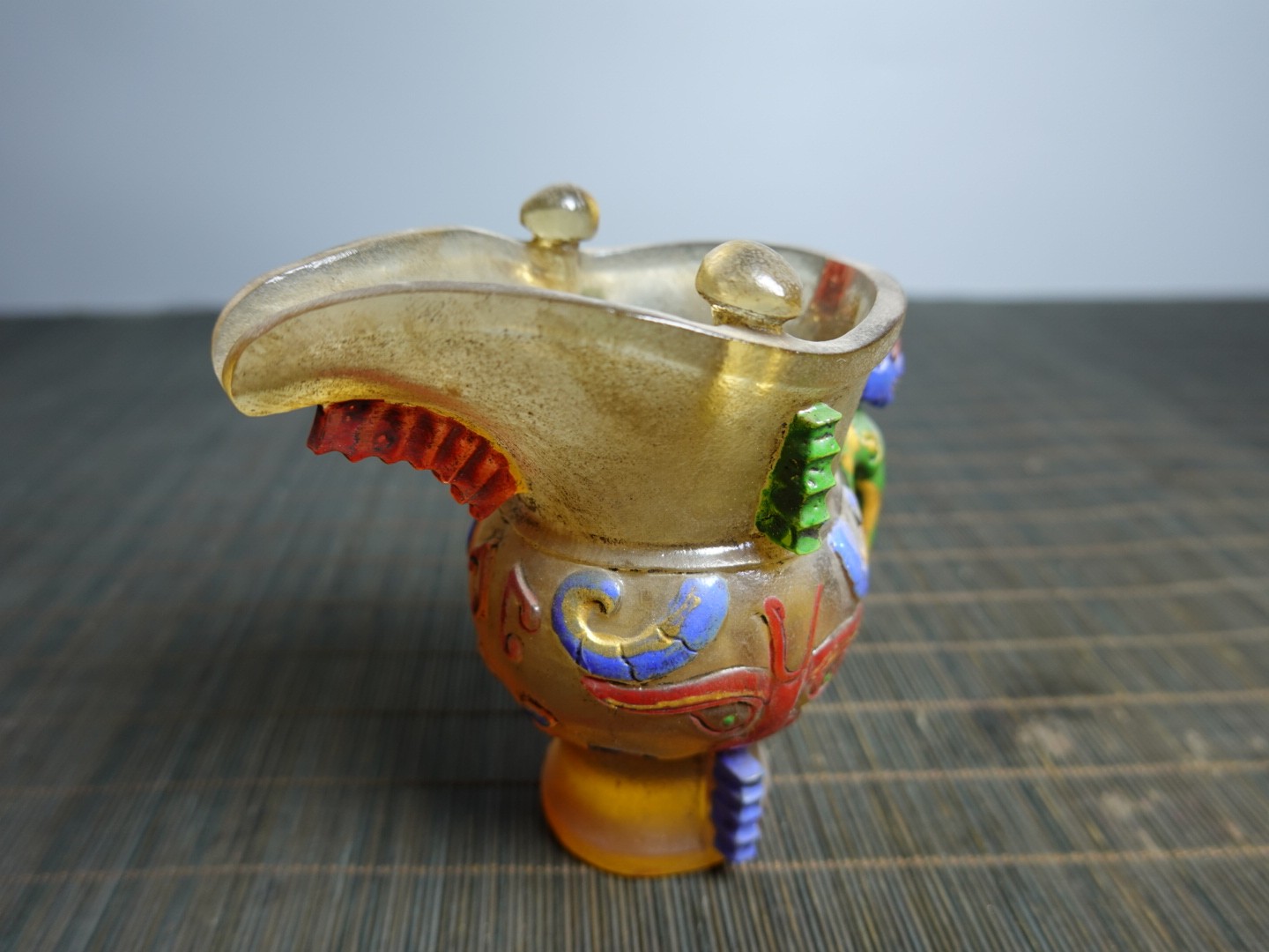 3.9″ Collect Old China Coloured Glaze Painted Beast Mask Taotie Design Jue Cup