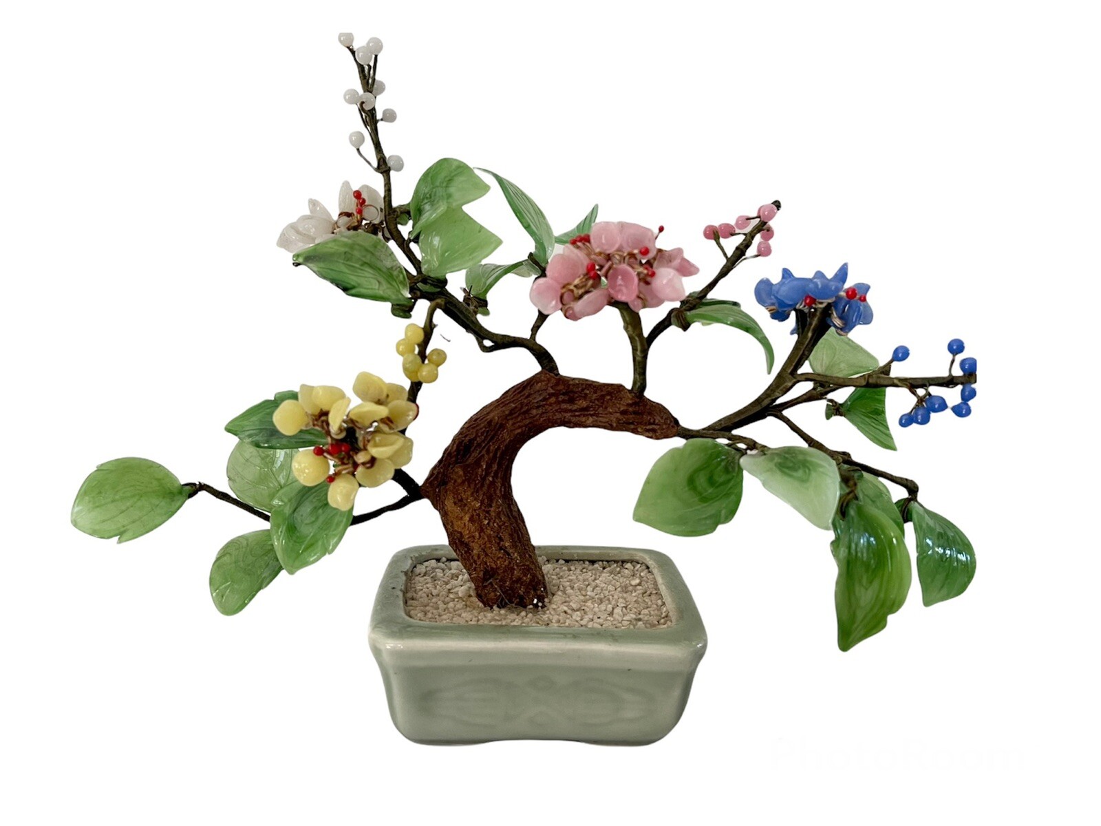 Vintage Chinese Jade Stone Glass Bonsai Mineral Tree Multi Color 9×8”