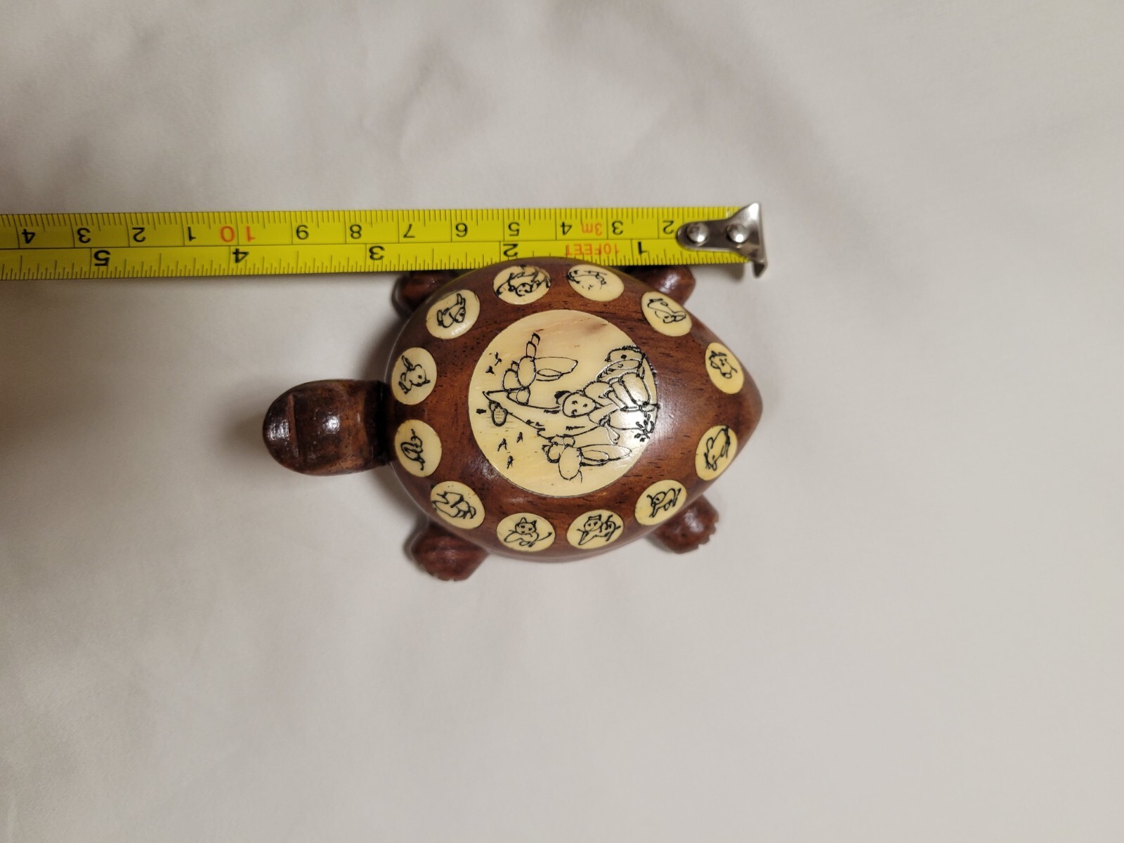 Vintage Asian Carved Wooden Turtle, Opens with Compass and Zodiac Signs