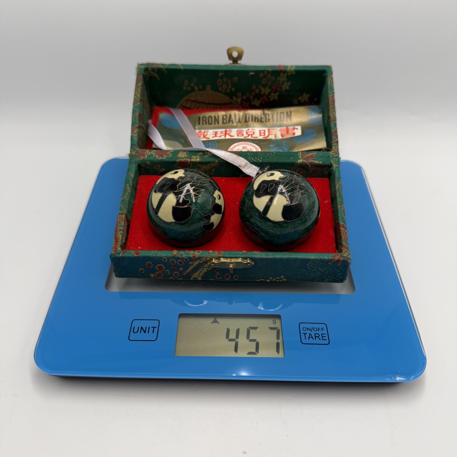 Vintage Chinese Baoding Balls Panda Bamboo Enamel Steel Set Box Asian Decor