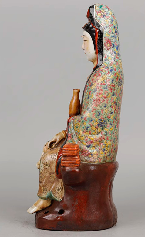 11.6″ Old Chinese Famille-rose Porcelain Children-Sending Guanyin Goddess Statue