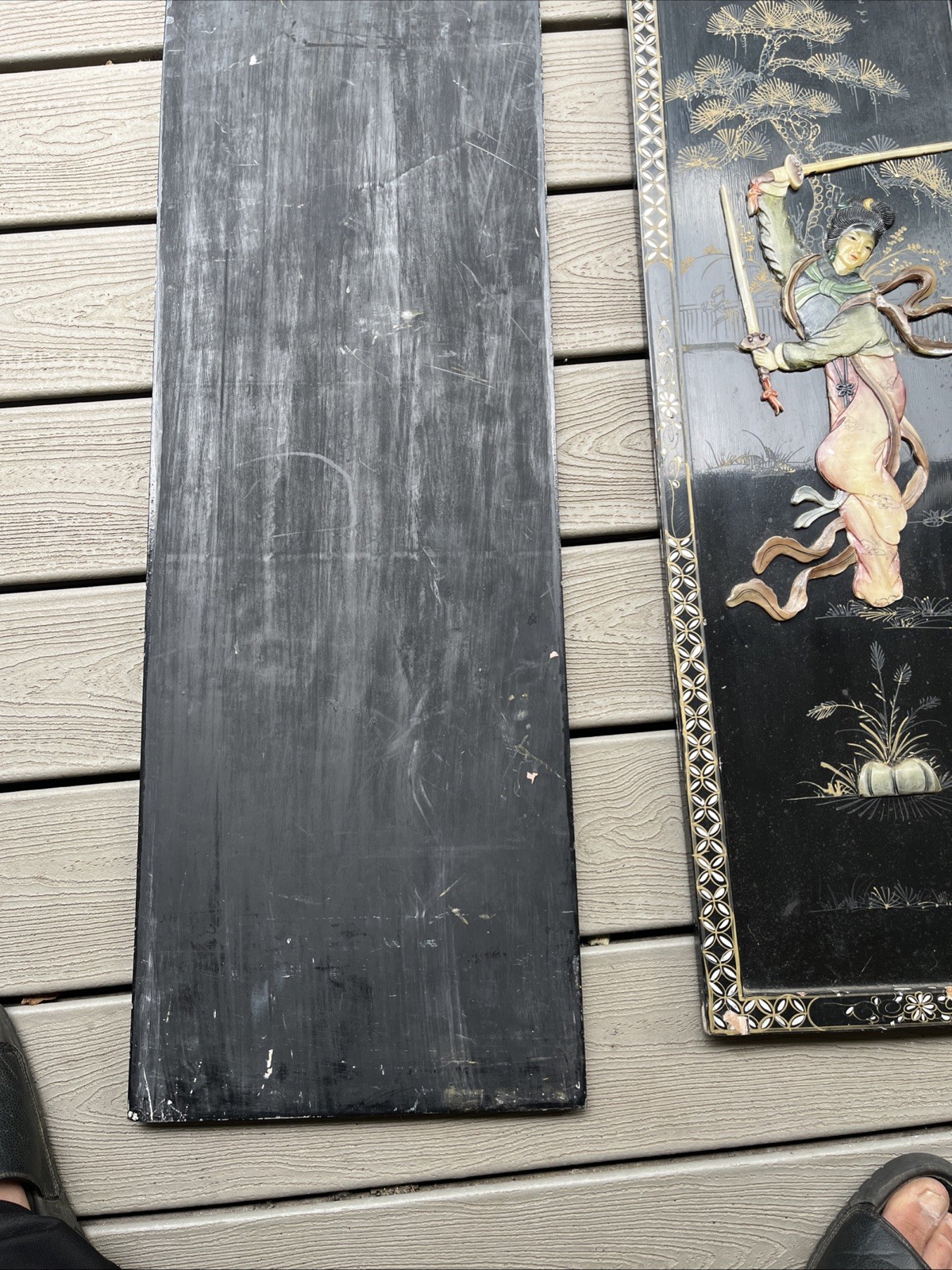 Vintage 2pc Black Lacquer Japanese Mother Of Pearl Wall Art Panel 36” H 12” W