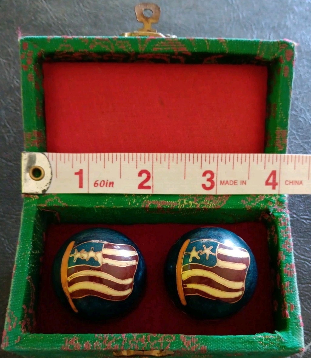 Vtg Chinese Baoding Cloisonné Balls with Brocade Box “USA” Flag Design