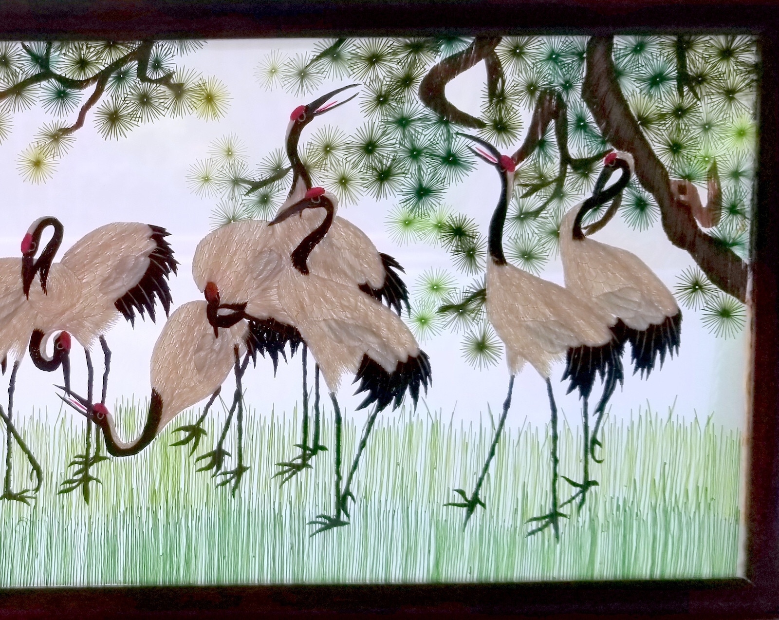 Vintage Chinese Su Silk Embroidery Double Sided Frmd 20.5″ Red Crowned Cranes