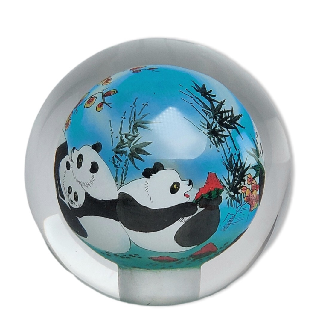 Chinese Glass Ball Sphere Paperweight Reverse Hand Painted Pandas NO Base