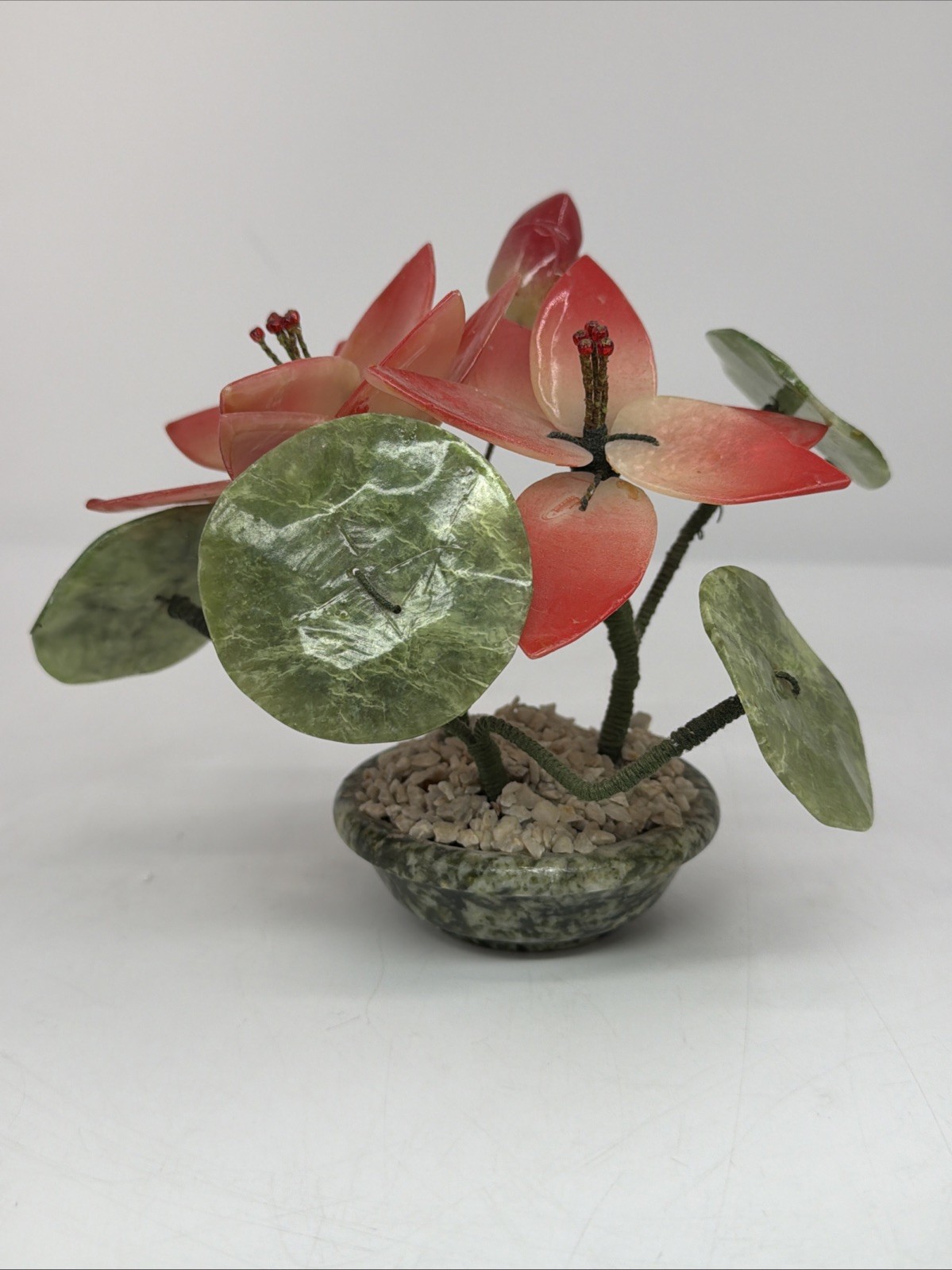 Vintage Asian Jade Stone Blossom Bonsai Tree, Small Approximately 6”x 7”