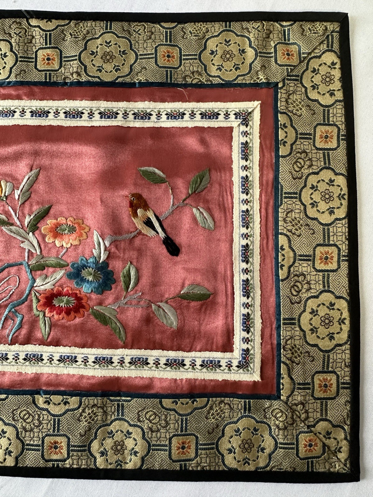 Vintage Chinese Silk Embroidered Square Textile Panel Patch 11×10 Floral Bird