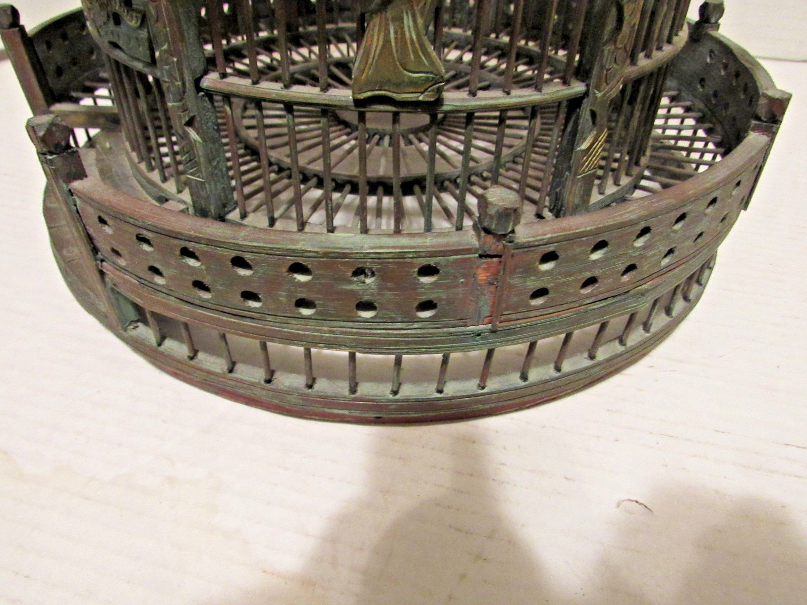 Vintage Chinese Wood Carved Pagoda Bird Cage, Oriental Geisha, Round