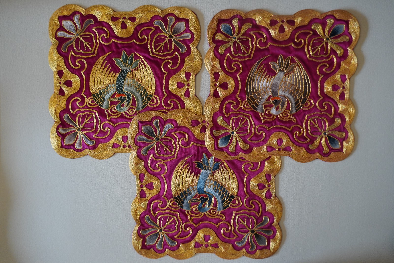 3 Vintage Chinese Embroidered Silk Crane Medallion Mats 7 3/4″ Inch Metal Thread